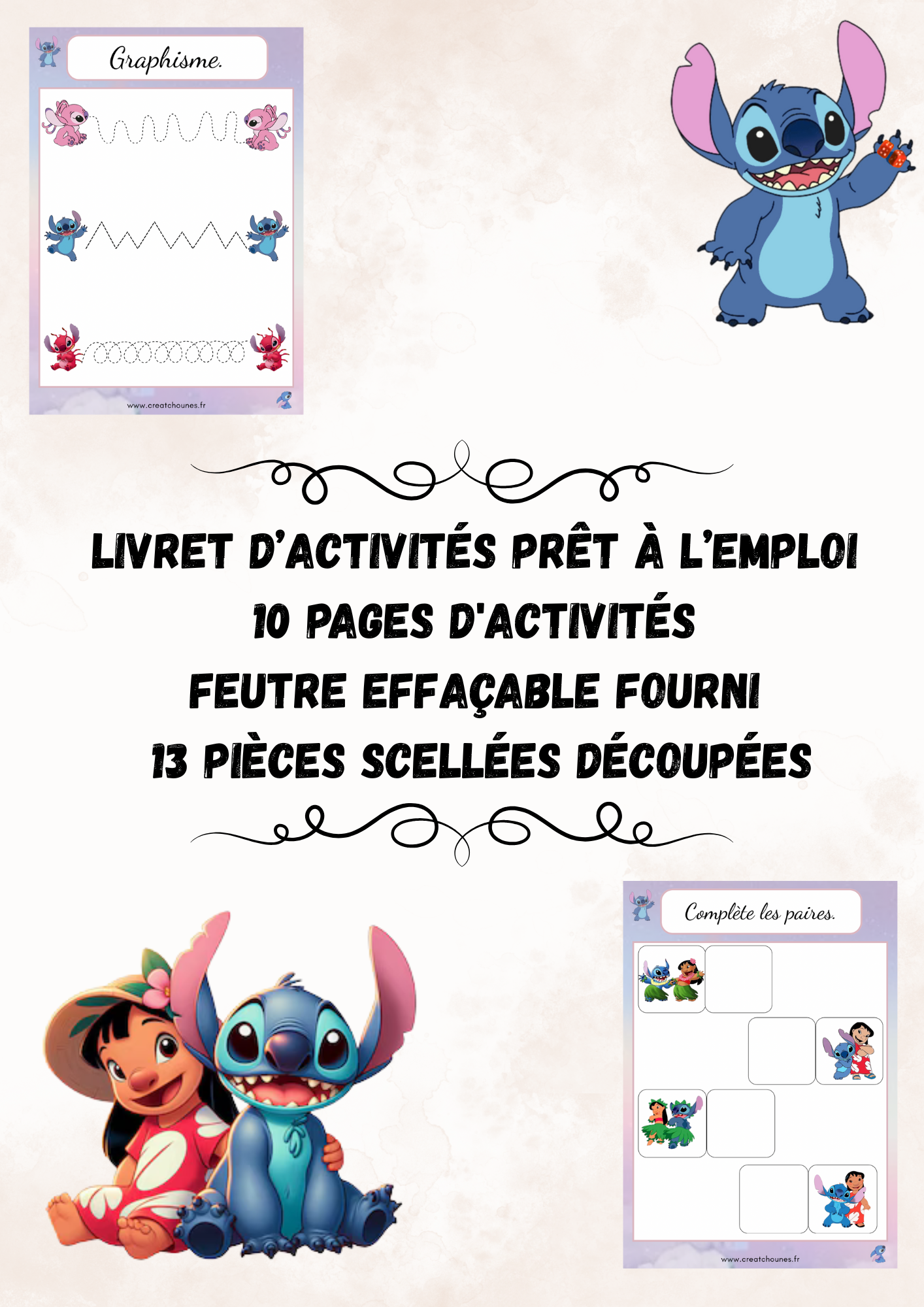 Livret d’activités Stitch – Dès 2 ans | 7 activités effaçables + à scratch | Apprentissage ludique | Fait main
