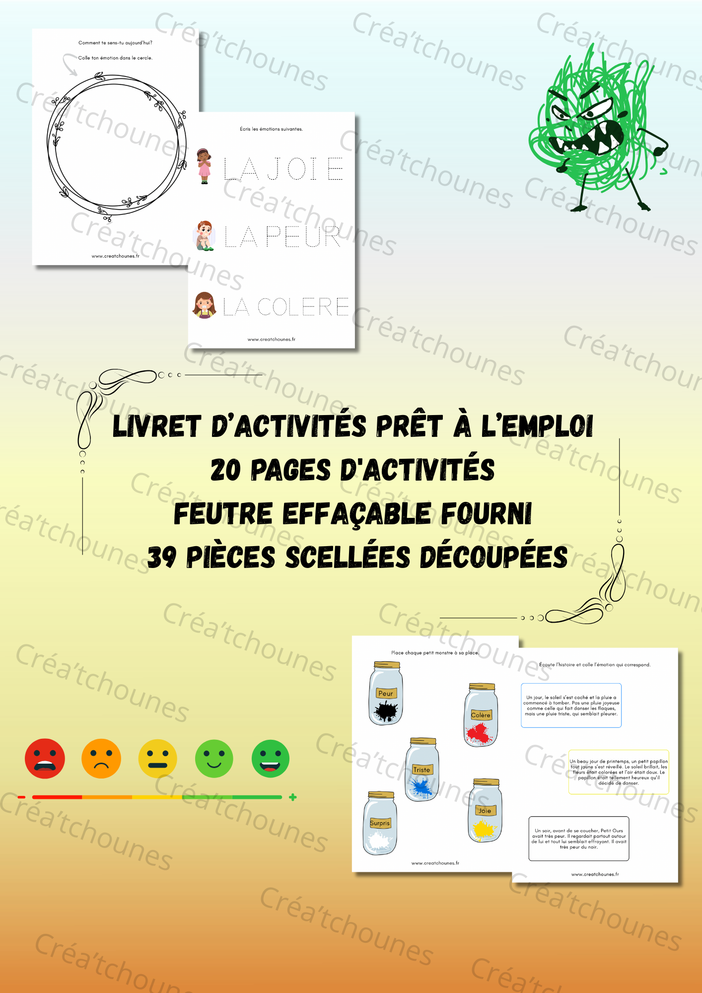 Livret d’activités Émotions pour enfants • 20 pages • 39 pièces scellées • Activités feutre effaçable • Développement émotionnel • Jeu éducatif